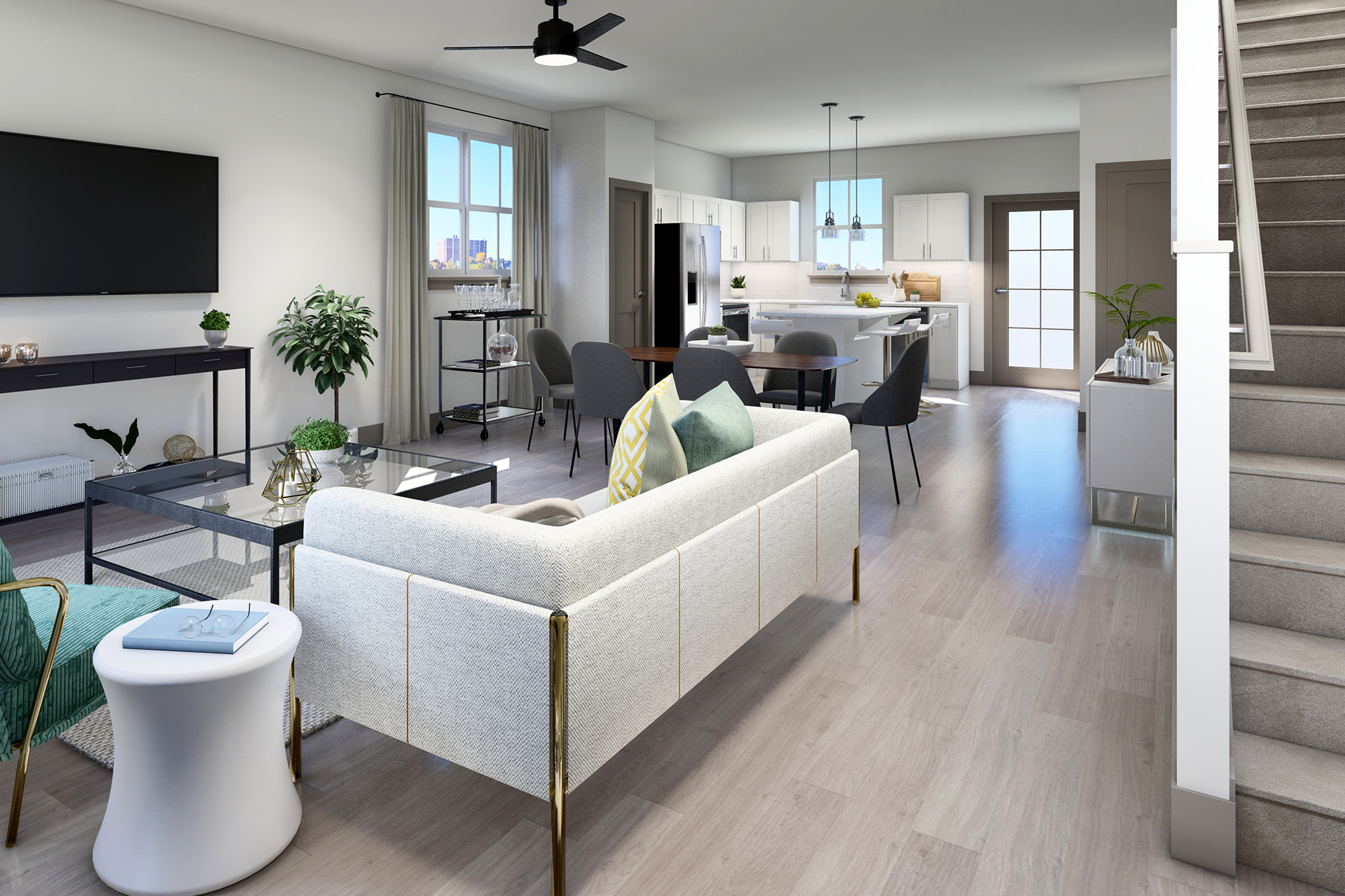 Spacious and modern living room at Avanterra Wolf's Crossing Single Family Home Rentals