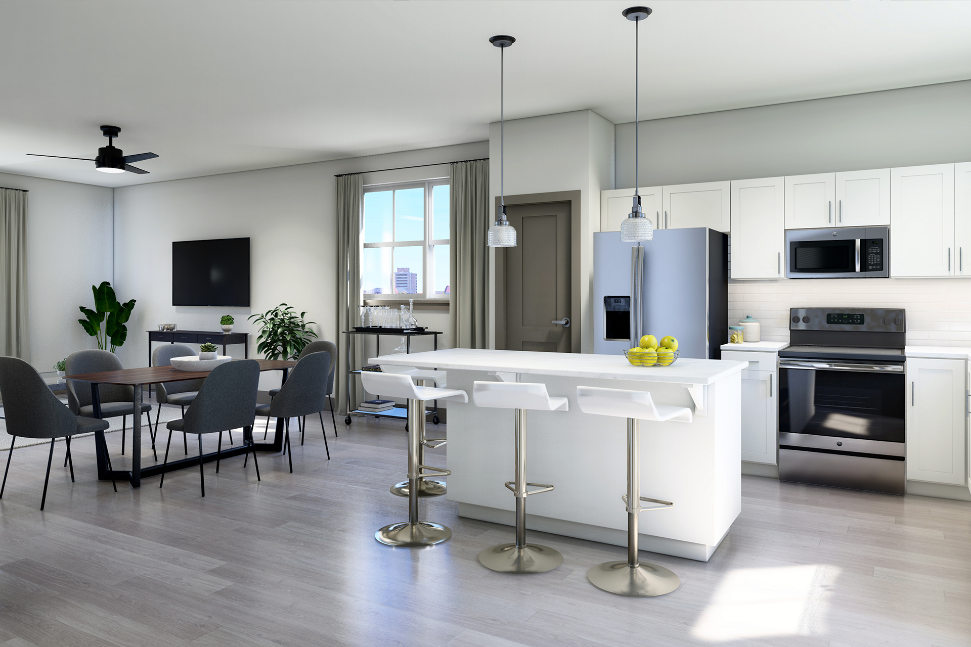 Stunning Kitchen with Granite and Stainless Steel Appliances at Avanterra Wolf's Crossing Single Family Home Rentals